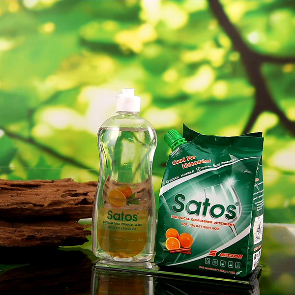 Combo bột rửa bát hữu cơ Satos và nước làm bóng Satos