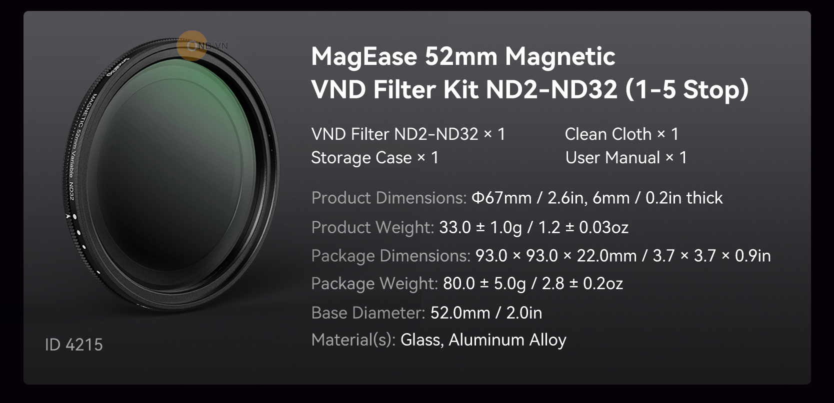 SmallRig MagEase Magnetic VND Filter Kit ND2-ND32 1-5 Stop 52mm 4215