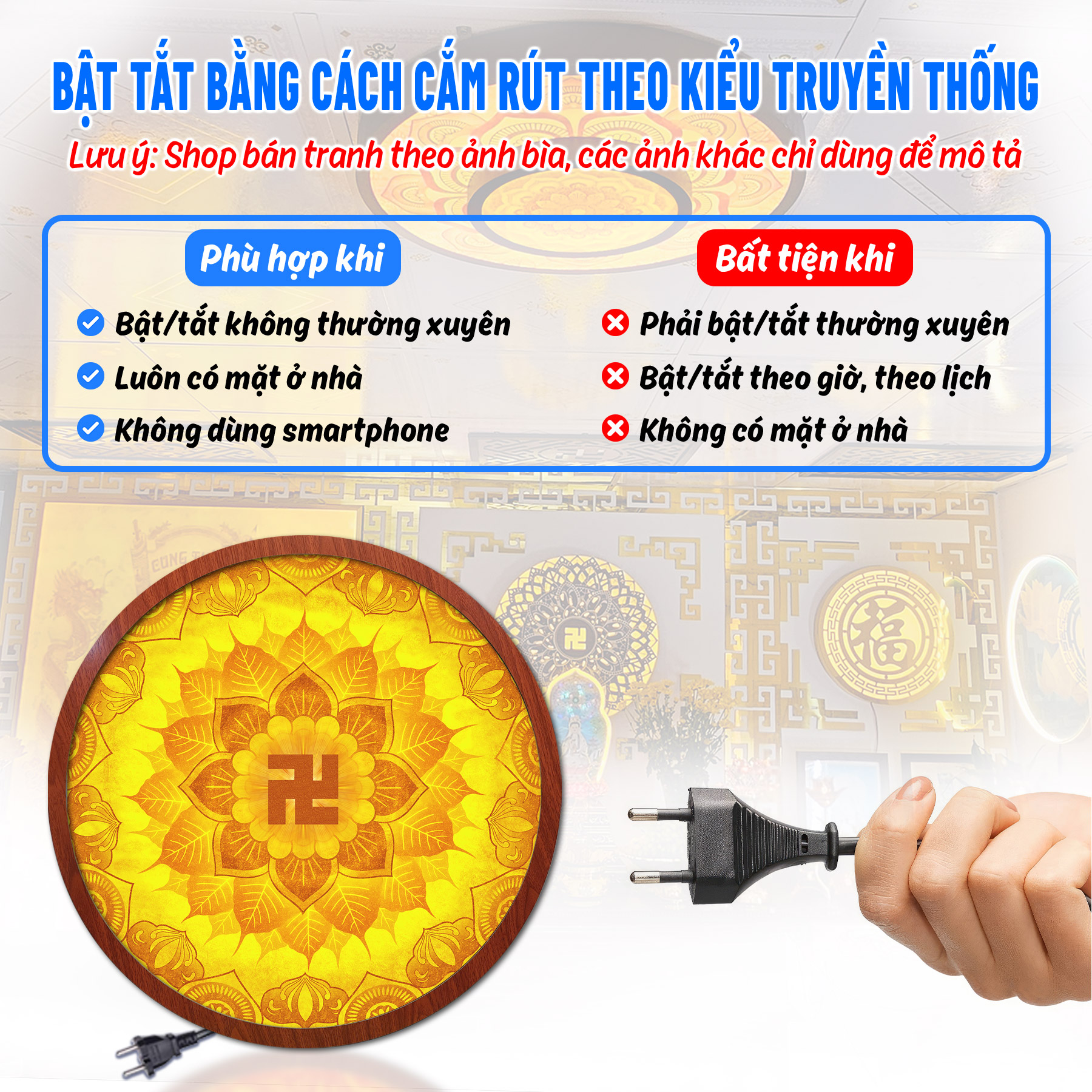 Đèn thờ hào quang trúc chỉ in mandala chữ vạn, trang trí phòng thờ, bàn thờ, treo tượng phật tc-hq-226