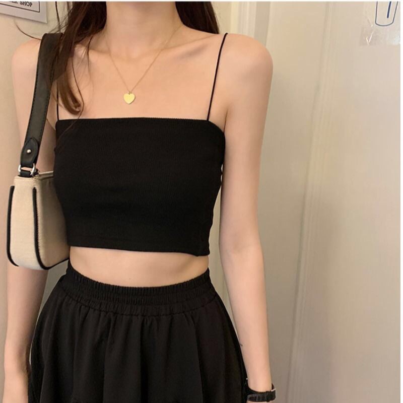 Áo 2 dây croptop đen trơn (Có ảnh thật) Freesize