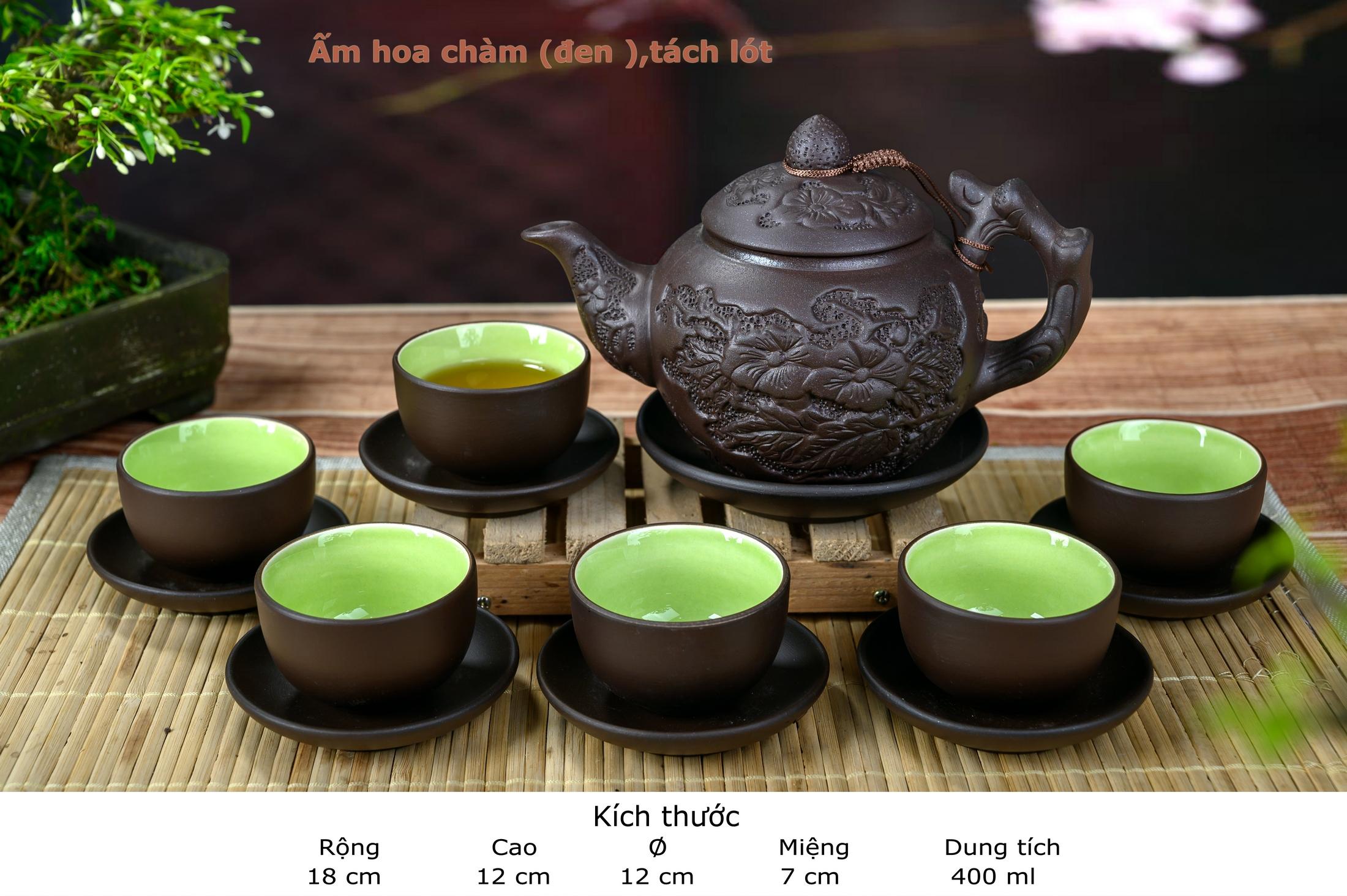 Ấm chén tử sa Bát Tràng khắc hoa