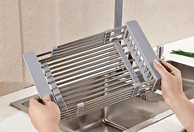 Giá kệ gác bồn rửa chén bát khung nhôm siêu bền để hoa quả, rau sau khi rửa, bát đĩa giúp nhanh khô thoát nước tốt, thiết kế thông minh có thể thay đổi độ dài phù hợp với bồn rửa bát nhà bạn - Khay inox rút gọn bồn rửa hiện đại