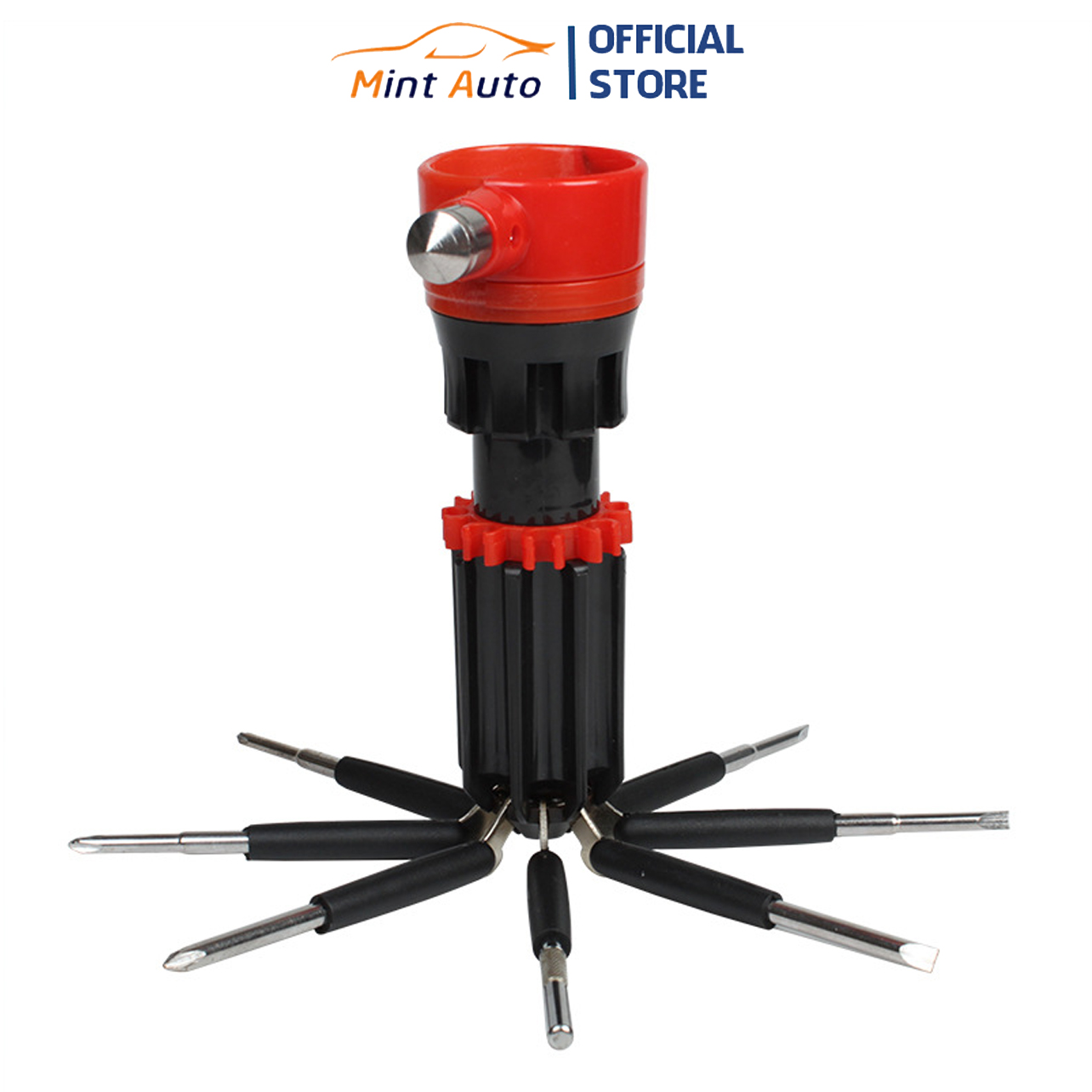 8-in-1 multifunctional glass break hammer with built-in screwdriver and flashlight