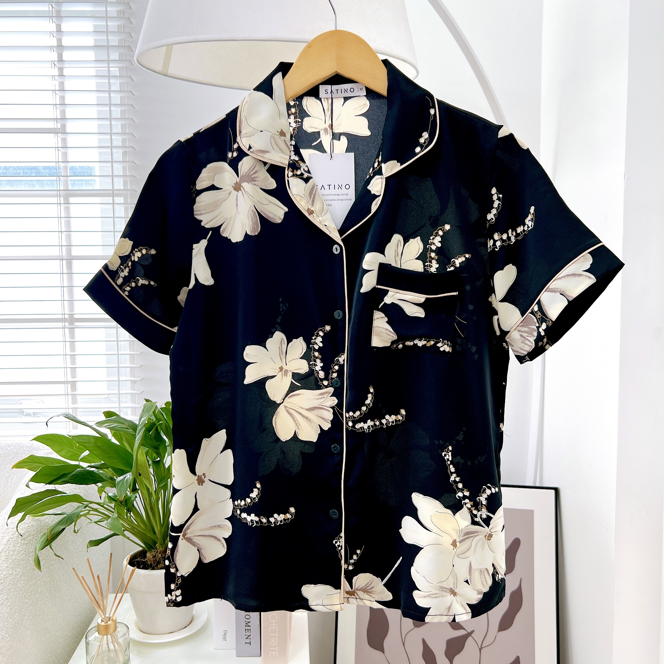 Pijama Lụa Tay ngắn quần dài Satino - Blue Gray & Cream