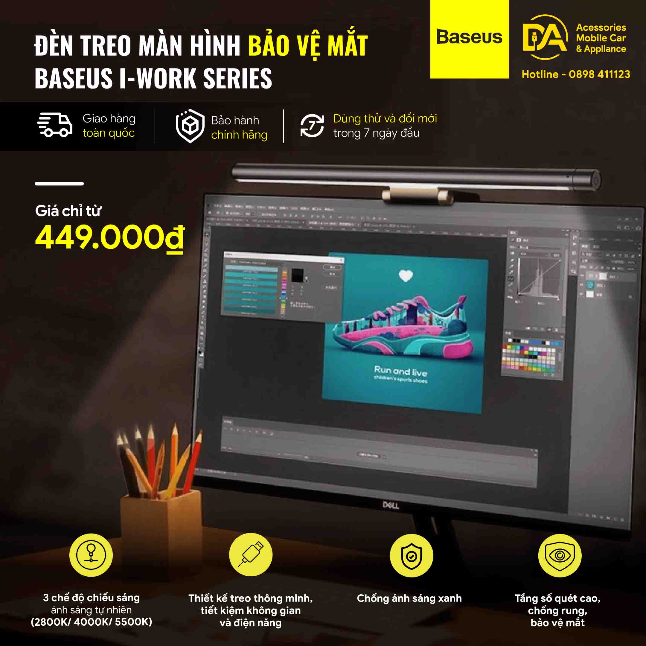Đèn treo màn hình bảo vệ mắt Baseus i-Work Series (3 Light Mode, Anti Bluelight, USB Stepless Dimming Screen Hanging Light, New Model)