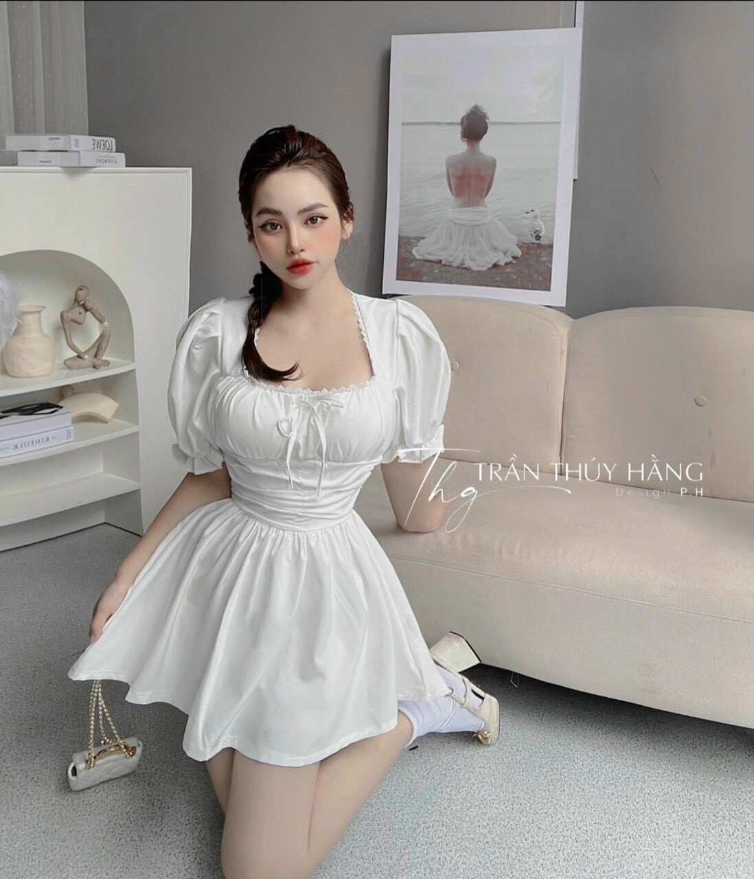 Đầm xòe tiểu thư bo eo tay phồng hở lưng