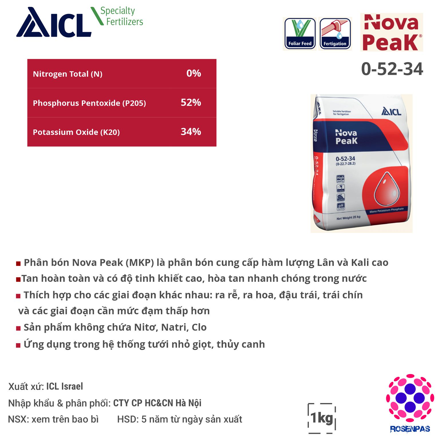 Phân bón ICL Nova Peak 0-52-34(MKP)