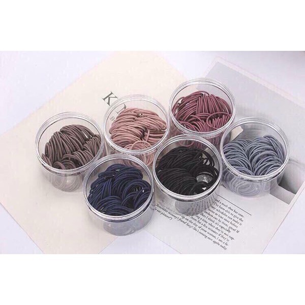 Set 100 Dây Thun Cột Tóc Đơn Giản, Thun cột tóc có hộp đựng