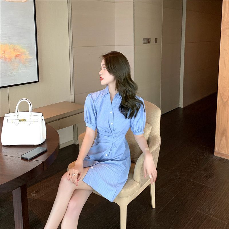 Thời Trang Kasy| Đầm Sọc Kiểu Sơ Mi Nhún Eo