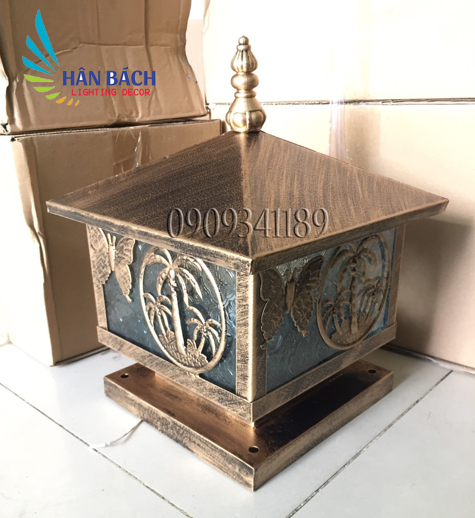 đèn trụ cổng màu đồng gỉa cổ, đèn trụ sân vườn D250