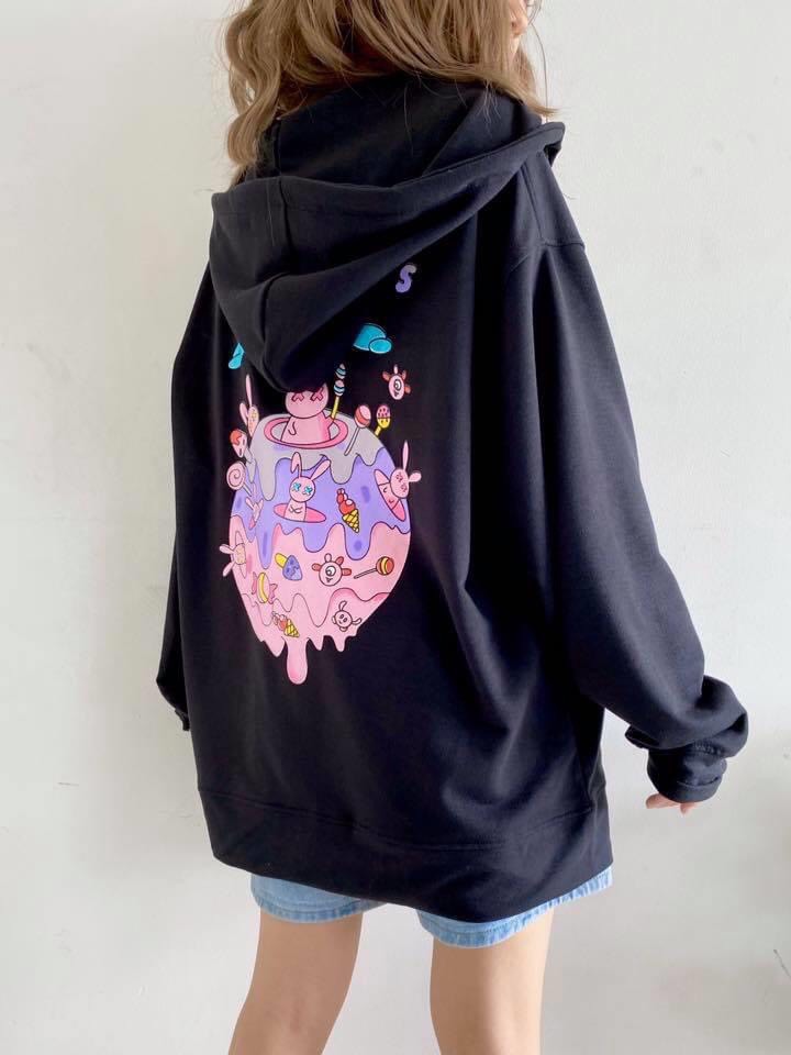 [HCM]Áo khoác nam nữ mặc  / áo khoác có dây kéo nam nữ mặc in hình siêu cute màu xanh  đen  kem