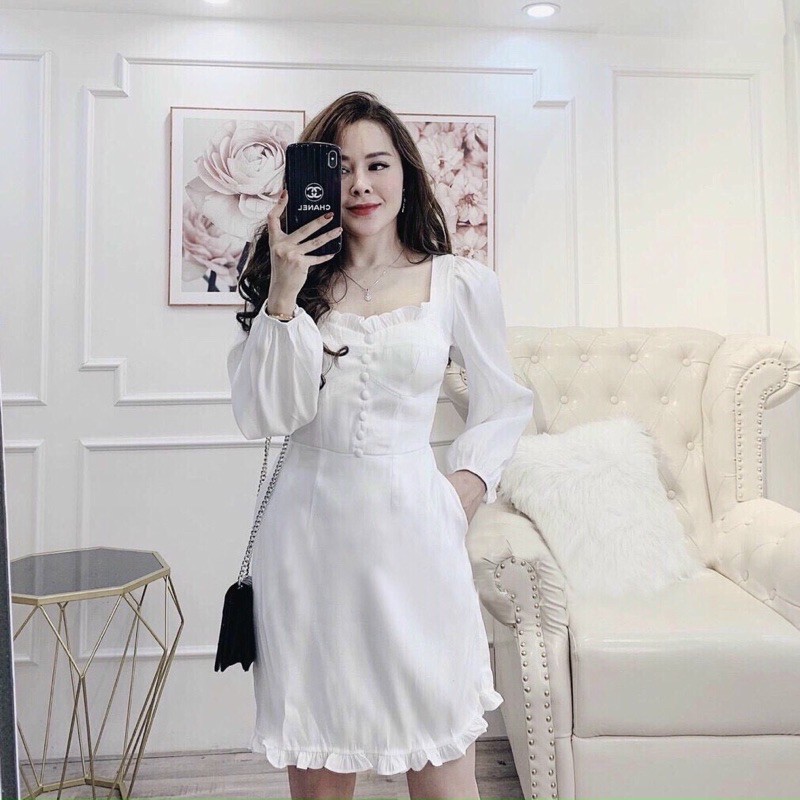 ĐẦM TRẮNG CỔ BÈO, TAY DÀI, NÚT BỌC (có ảnh thật) MS100