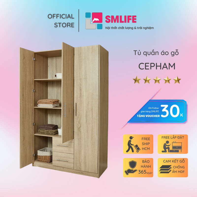 Tủ áo MDF thiết kế tinh tế gọn gàng SMLIFE Cepham