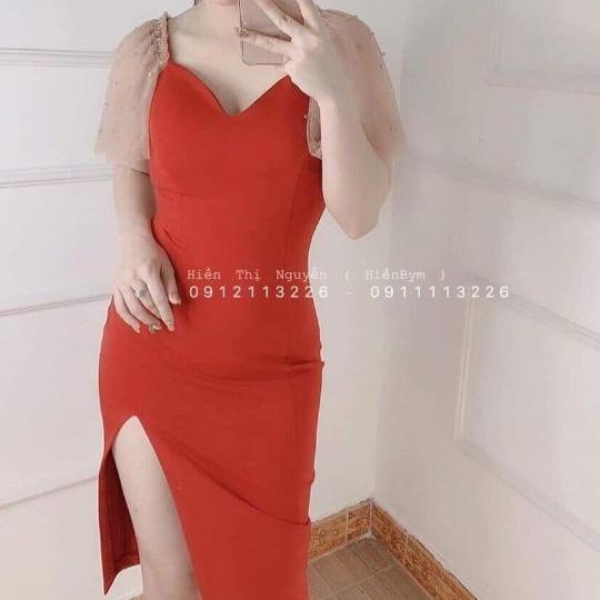 đầm body xẻ đùi tay phối lưới kết ngọc
