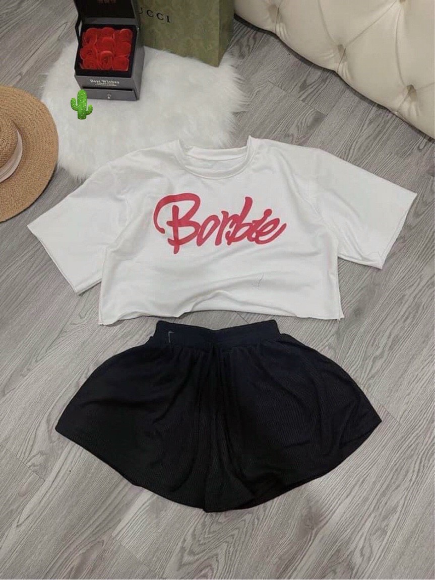Set bộ mặc nhà áo thun Croptop trắng Form rộng Barbie quần đùi ống rộng Pc150