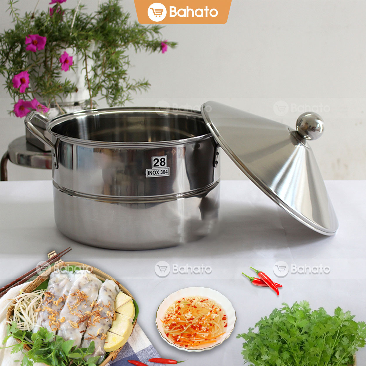 Nồi tráng bánh cuốn gia đình 28cm inox 304, nấu xôi, hấp gà