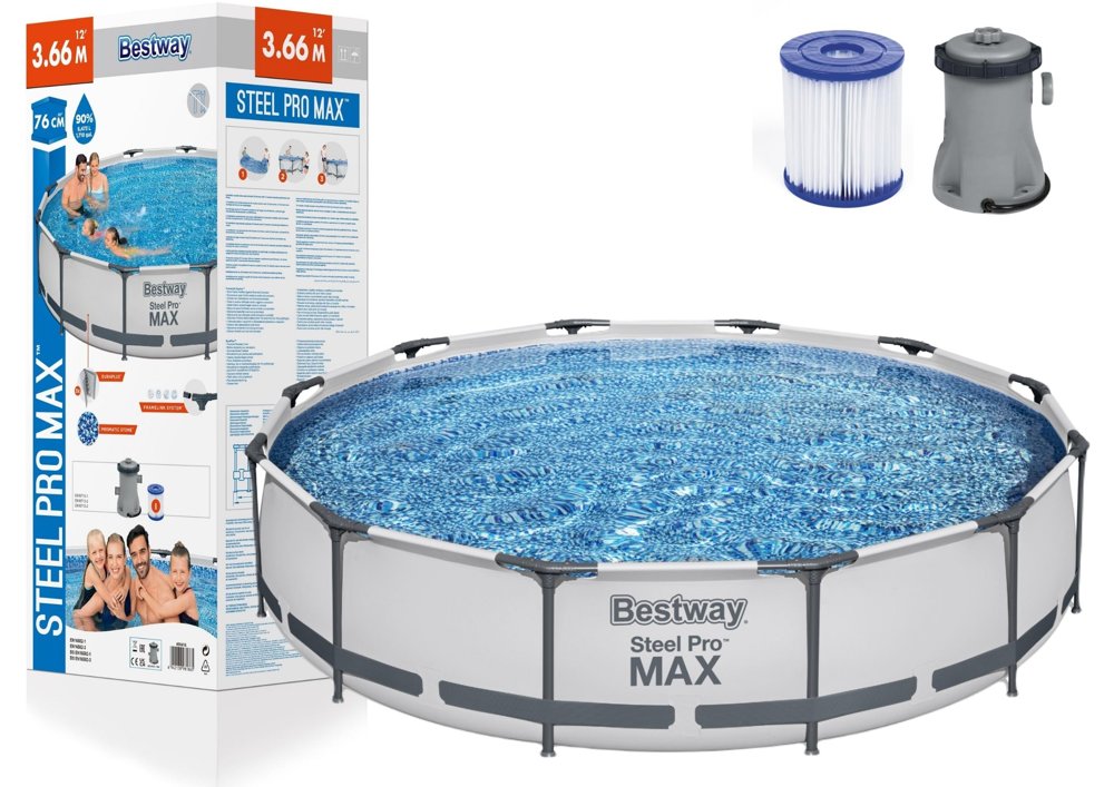 Bể bơi cao cấp Khung Kim Loại Hình Tròn Bestway 56416: Ø3.66m cao 76cm, tặng máy bơm lọc tuần hoàn, Chất Liệu Chắc Chắn tiêu chuẩn Châu ÂU, hàng chính hãng, cho bé, người lớn tập bơi tại nhà, giải nhiệt mùa hè