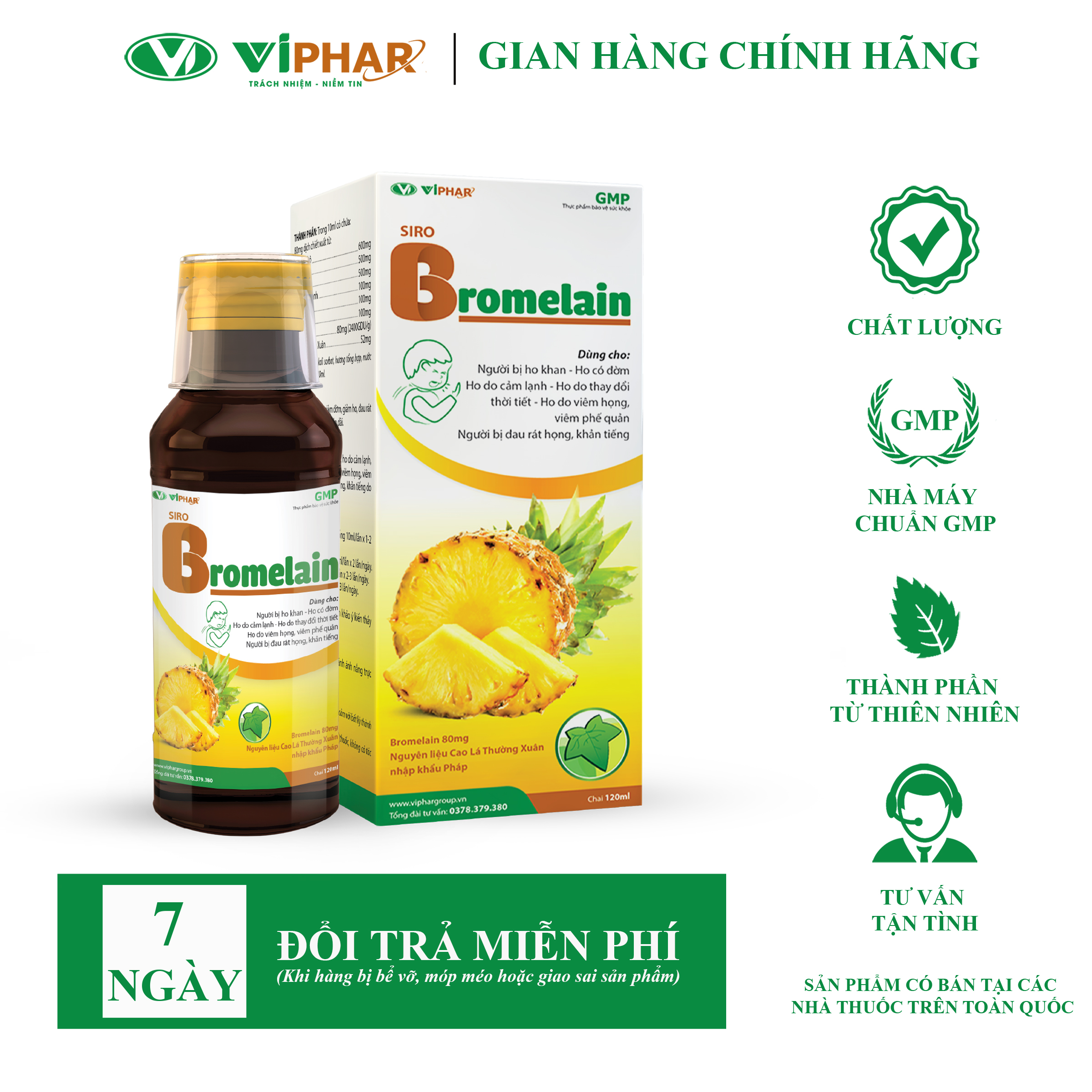Siro Quả Dứa An Toàn Cho Trẻ Từ 6 Tháng Tuổi, Giảm Ho, Đau Rát Họng Bromelain VIPHAR Chai 120ml