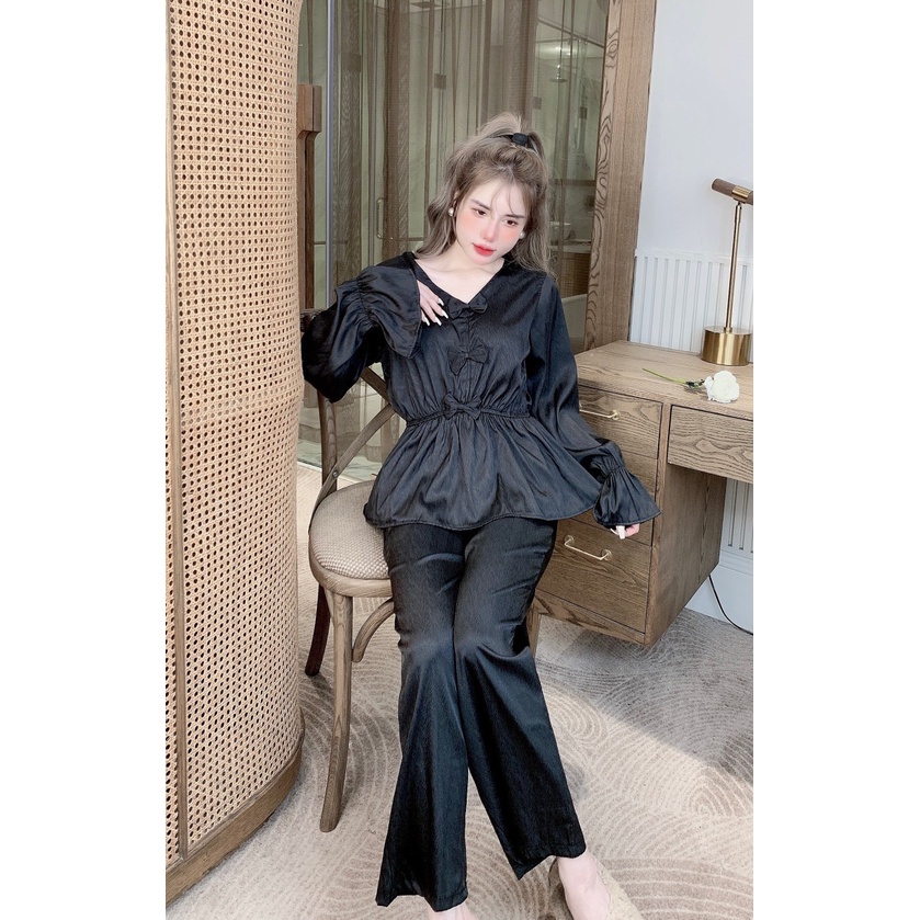 Đồ bộ tiểu thư nơ tay dài dáng peplum lụa xước Freesize