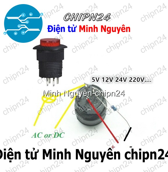 [1 cái] (F86) Nút nhấn tự giữ có đèn phi 16 Đỏ R16-503AD 3A 250V - HH002914