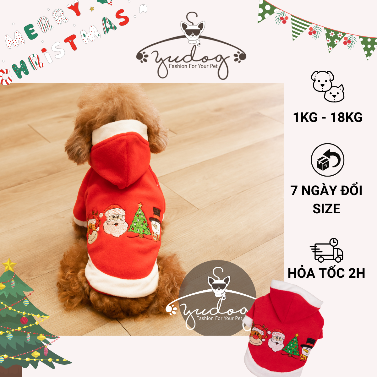 Áo nỉ noel có nón cho chó mèo yudog áo noel có nón nỉ dày mặc noel cho thú cưng chó mèo