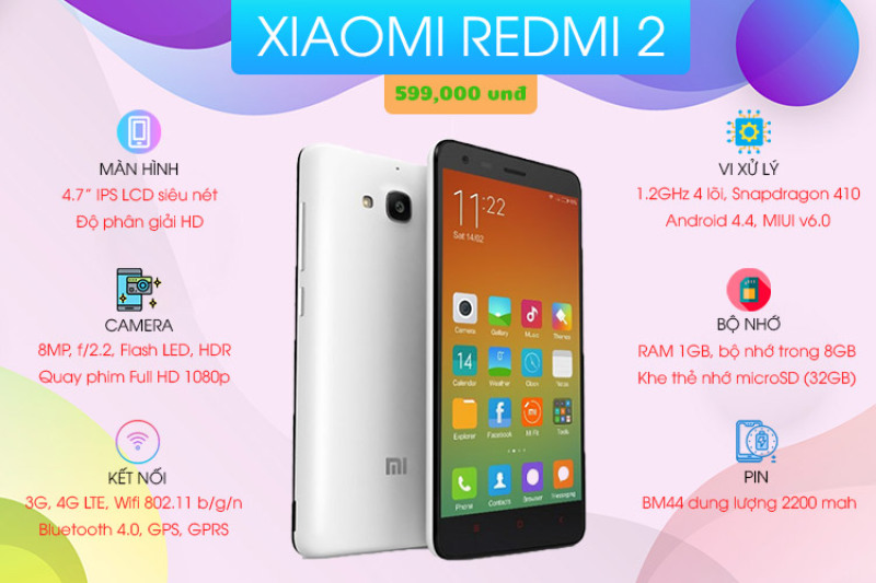 Điện thoại Xiaomi Redmi 2 16GB/2SIM Chính Hãng - Ship Toàn Quốc - Tặng Phụ Kiện