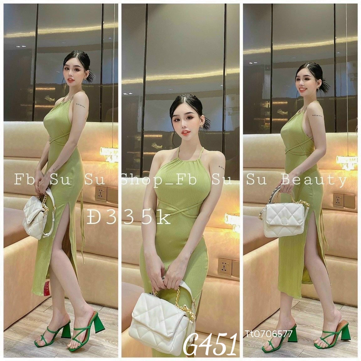 Đầm cổ yếm thun gân xẻ tà ôm body g451