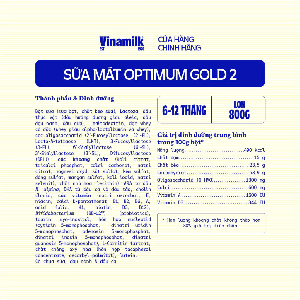 (Có Tích Điểm) SỮA BỘT VINAMILK OPTIMUM GOLD 2 800G.