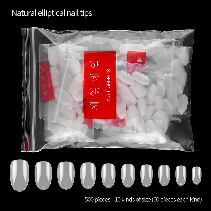 PINPAI 500PCS 10 Sizes Oval Round Full Cover Fake Artificial Nails Tips Resin Clear Natural DIY False Tips Manicure Nail Art Tip