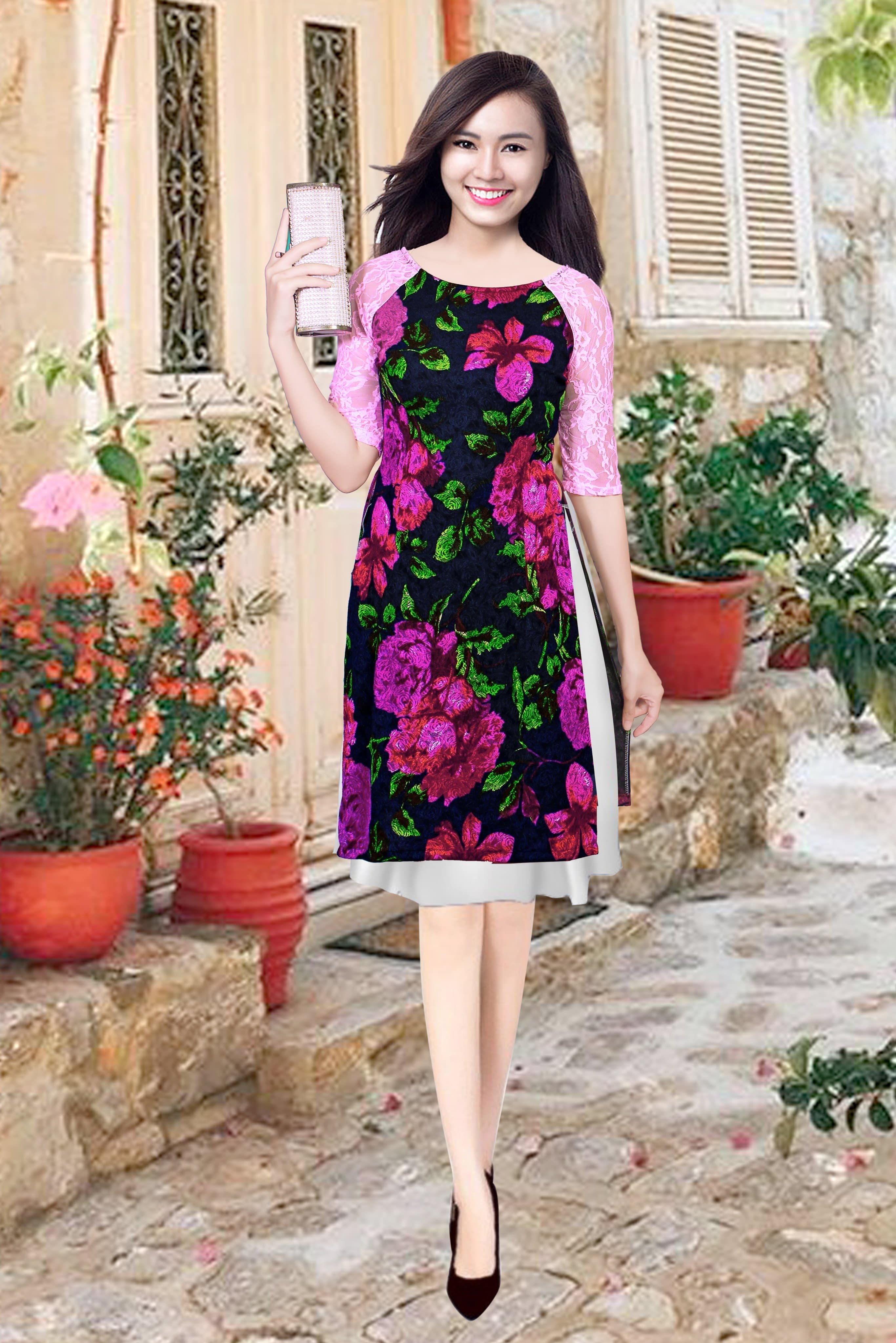 GIÁ XƯỞNG - Áo dài cách tân gấm phối tay ren cao cấp