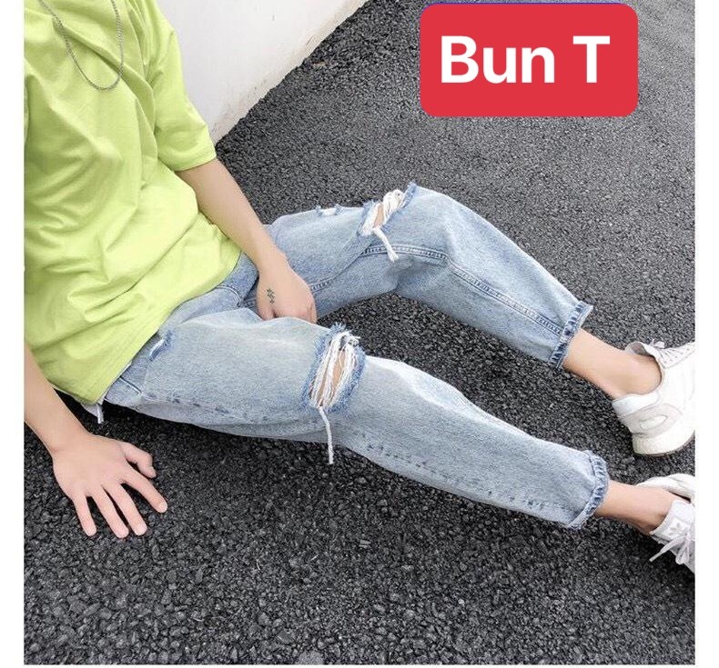 QUẦN BAGGY JEAN NAM CHẤT BÒ XANH RÁCH GỐI ỐNG RỘNG DÀI MÙA THU HÈ ĐÔNG NHẬT BẢN TT-46 TRANG BUN FASHION