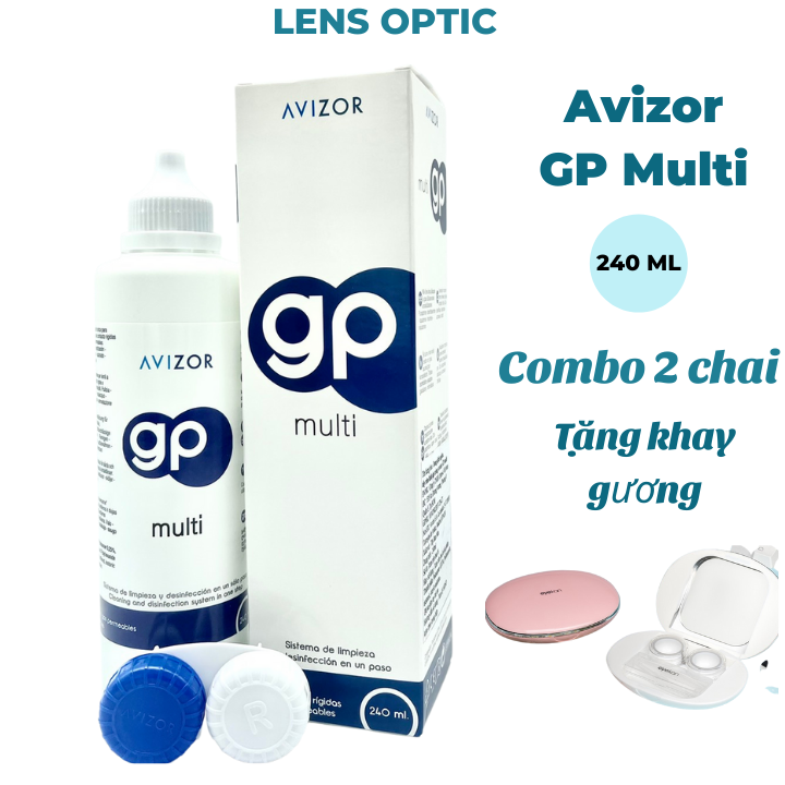 [2 CHAI - 1 KHAY GƯƠNG EYEKAN] Nước ngâm rửa kính áp tròng cứng Avizor GP Multi 240ml, nước ngâm lens cứng- Lens Optic