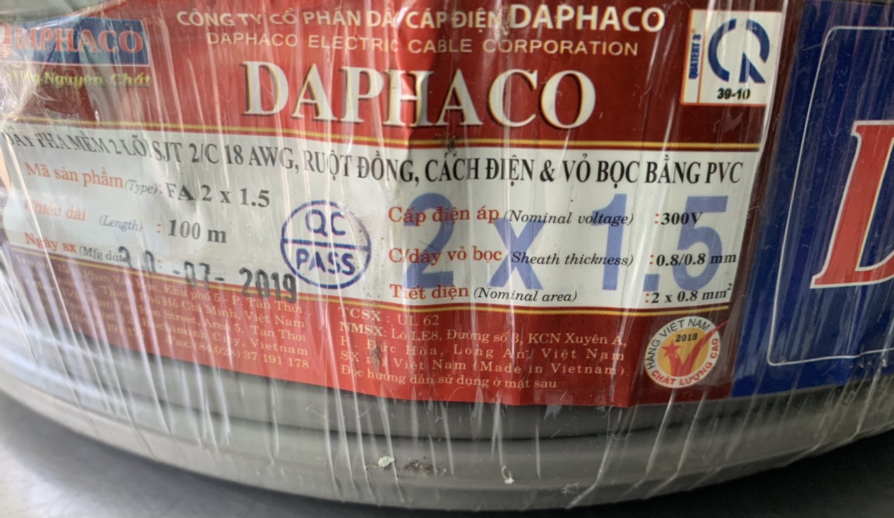 Dây điện PVC đôi 2x1.5 Daphaco - Cáp tròn PVC đôi 2x1.5 Daphaco