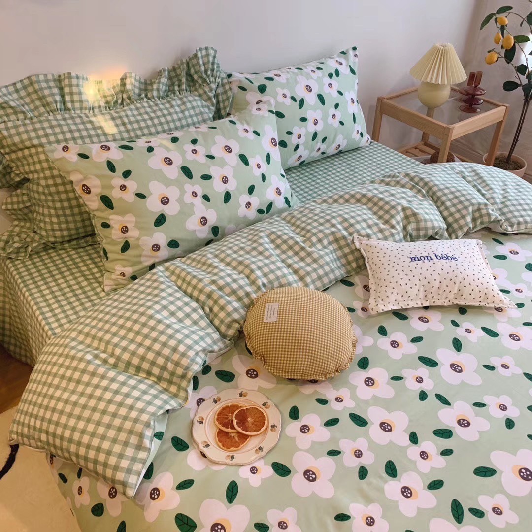 Bộ chăn ga gối phong cách Hàn Quốc ban mai xanh bo chun đủ kích thước.
