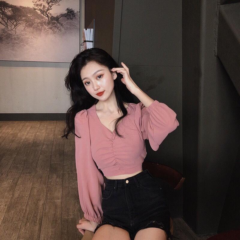 Áo Von Kiểu Tay Dài Cổ V Form Croptop Kèm Phần Rút Giữa Quyến Rũ TTS0434 Chất liệu von mềm mại, thoáng mát