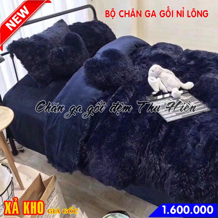 Bộ chăn ga gối nỉ lông mềm mịn màu xanh đậm