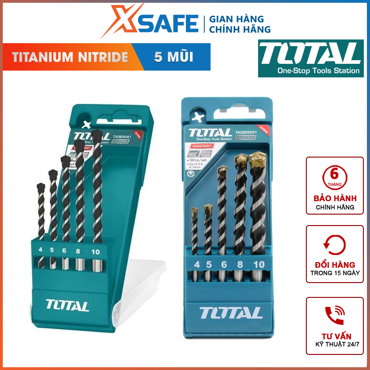 Set 5 drill concrete Total TACSD5051 combo 5 drill tail slips 5 nose size 5x85, 6x100, 6.5x120, 8x120, 10x120 drill bit alloy steel, professional drilling concrete, wall, iron steel, wear-resistant, Rust [xsafe] [XTools]