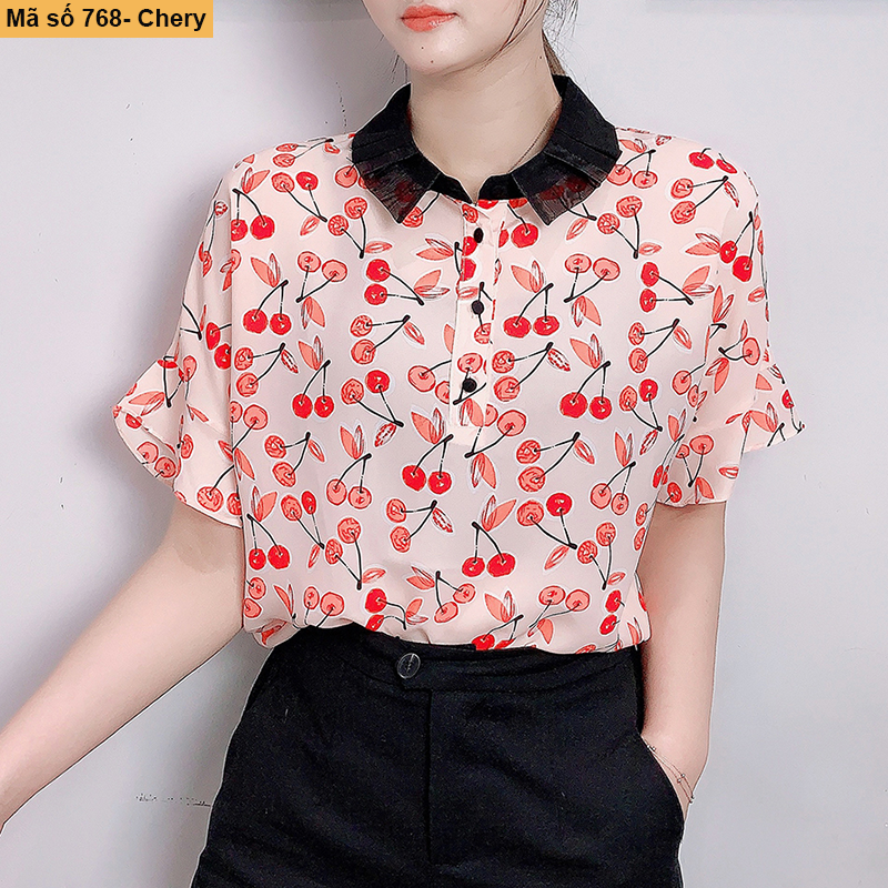 [HCM]B768- Áo họa tiết lá chery phối cổ