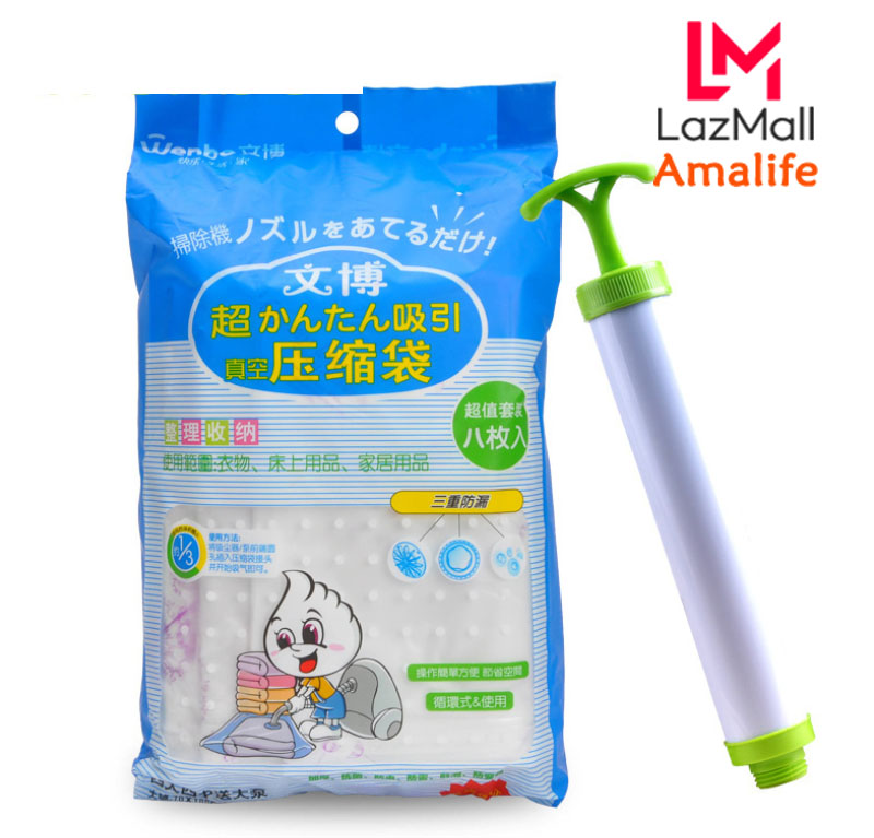[LOẠI XỊN - CÓ TẶNG BƠM TAY] Bộ 8 Túi Hút Chân Không Đựng Quần Áo, Chăn Màn CỠ ĐẠI Kèm Bơm Tay Cao Cấp Amalife (KHÔNG tặng Bơm máy)