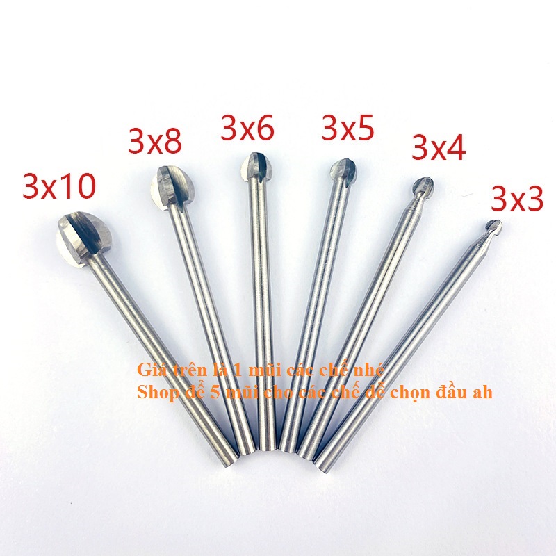 mũi phay gỗ làm bonsai mũi điêu khắc trạn trổ gỗ cán 3mm đầu tự chọn(giá trên là 1 mũi) - mũi phá gỗ quả đào - mũi phá gỗ đầu tròn