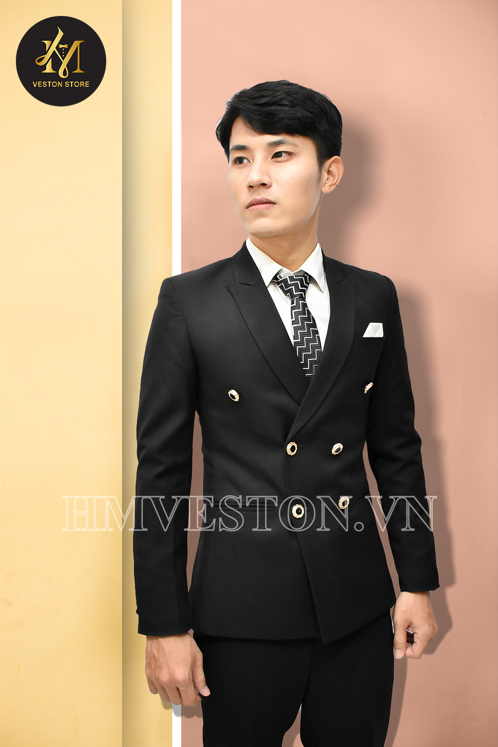 [HCM]Bộ vest nam màu đen kiểu 6 nút form ôm body tặng cà vạt + kẹp