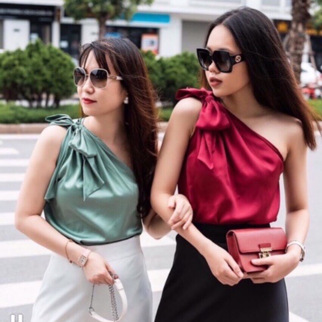 Áo nữ phi lụa cực xinh lệc vai đính nơ vai một bên LL - Ảnh thật