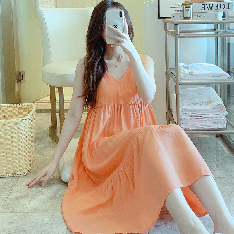Váy Mặc Nhà - váy Ngủ ( váy 2 dây - 4 Tầng  ) chất liệu Lanh Lụa- mềm - mát