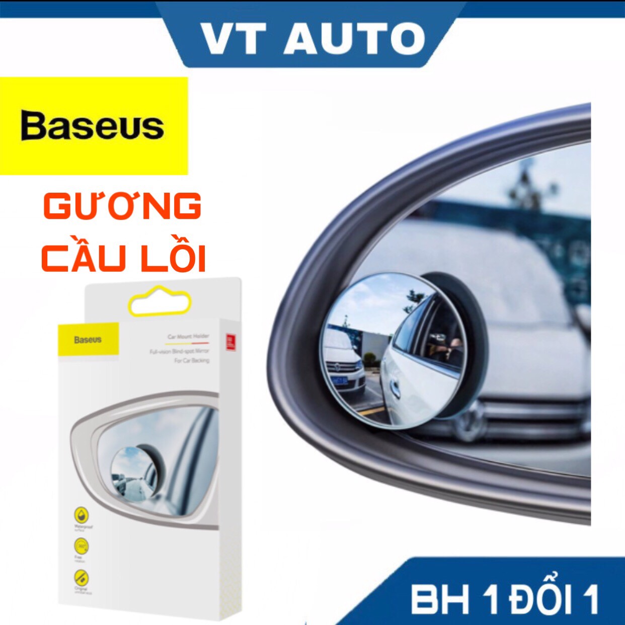 Gương cầu lồi ô tô baseus chống nước tăng góc nhìn cho oto - gương mini chống điểm mù cho xe hơi ( bộ 2 cái) - VT auto