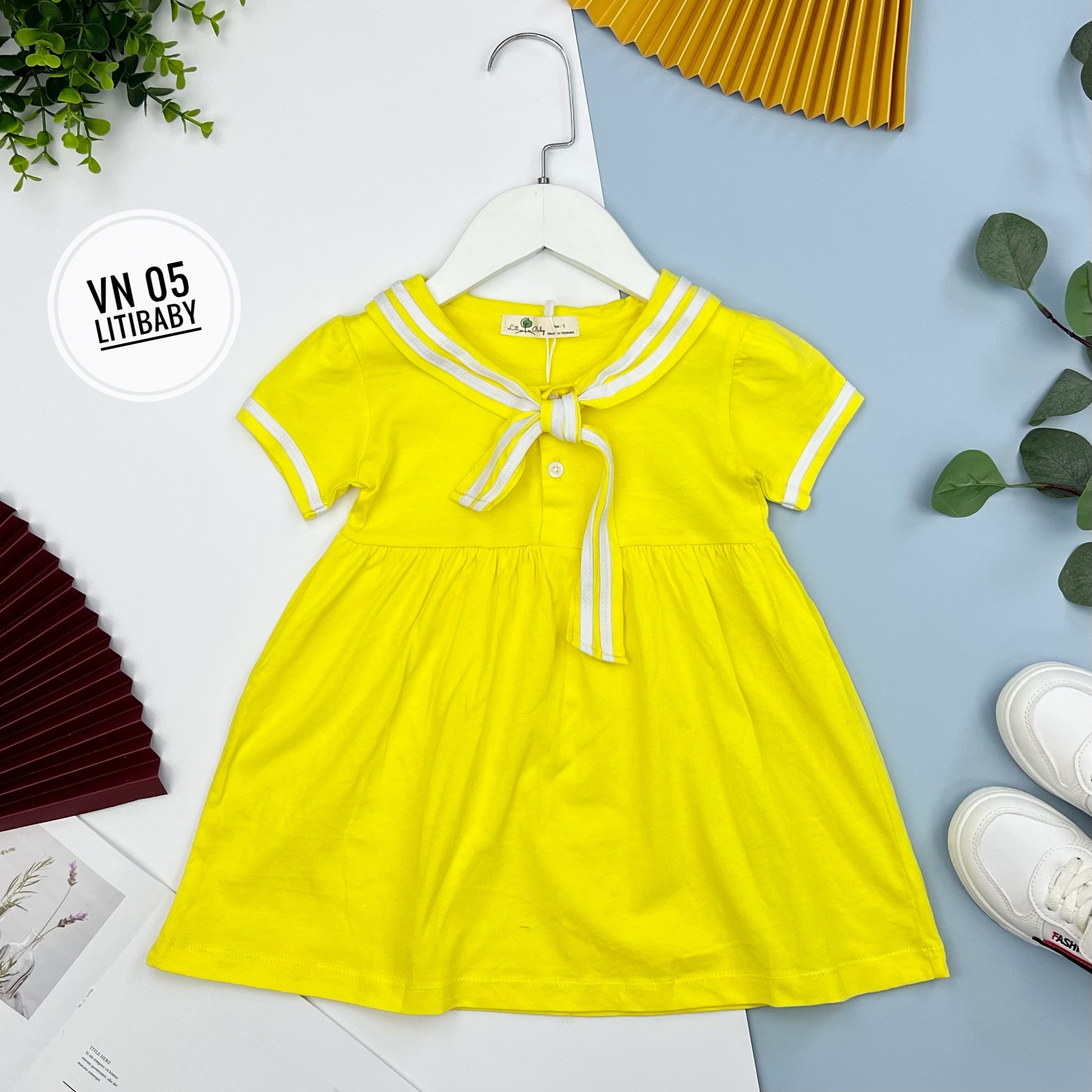 Đầm thun cotton cổ nơ hải quân Litibaby cho bé 10-37kg