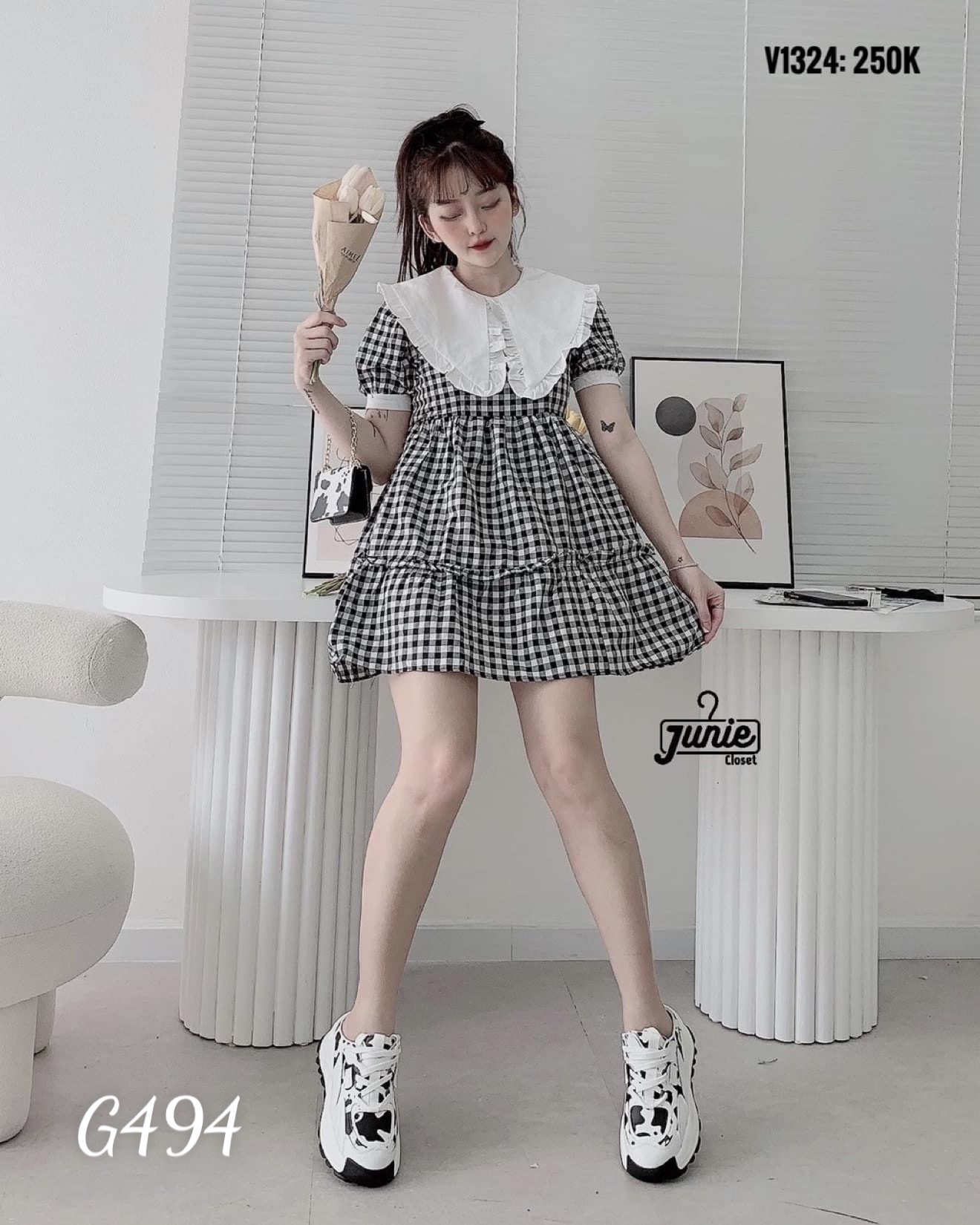 Đầm baby doll caro xinh xắn cổ bèo chất liệu kate G494
