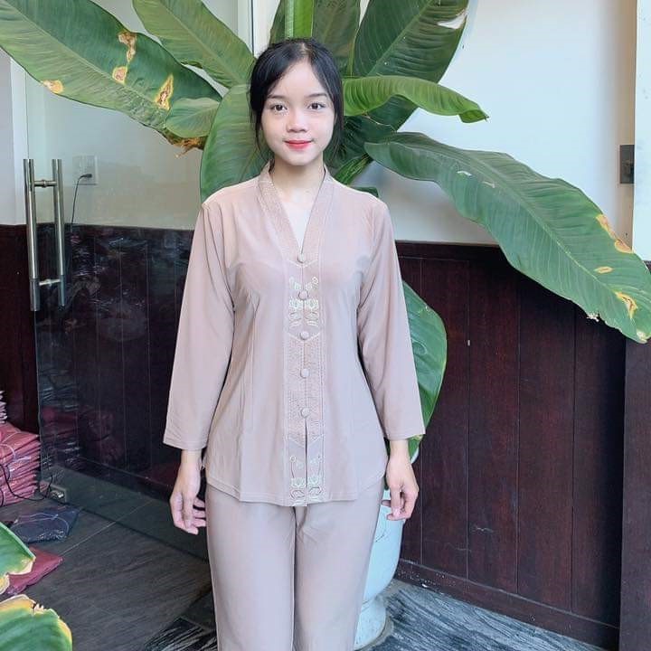 Bộ quần áo mặc nhà, Quần Áo nữ Phật Tử, đồ lam Đi Chùa thêu hoa văn mẫu Z04B