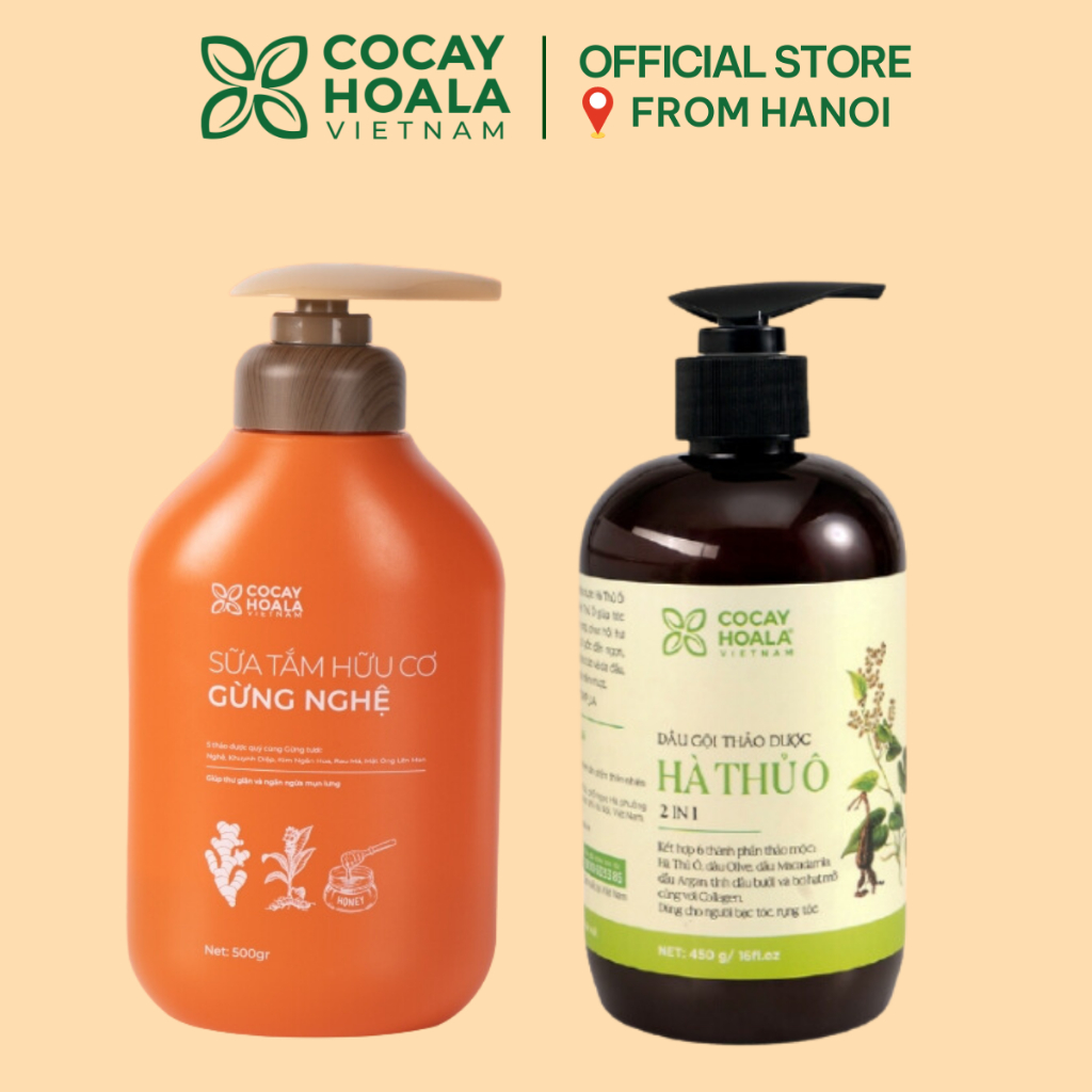Combo sữa tắm thảo dược hữu cơ gừng nghệ 500g + dầu gội thảo dược hà thủ ô cân bằng sắc tố melanin cỏ cây hoa lá 420g
