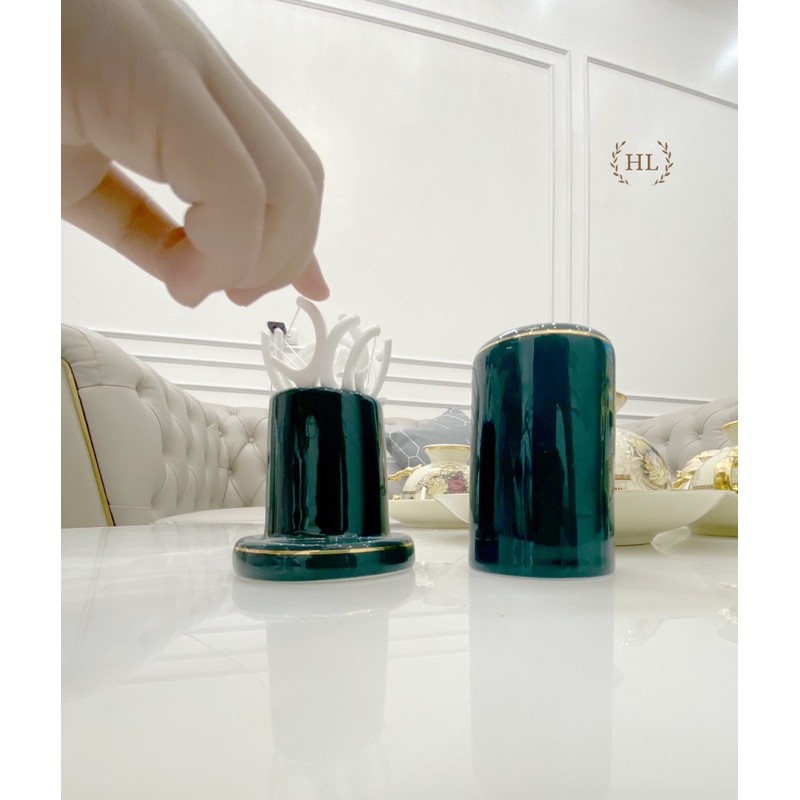 Lọ đựng tăm sứ xanh bắc âu | hũ đựng tăm tre | hũ đựng tăm nhật chất liệu sứ xương cao cấp xanh ngọc bích