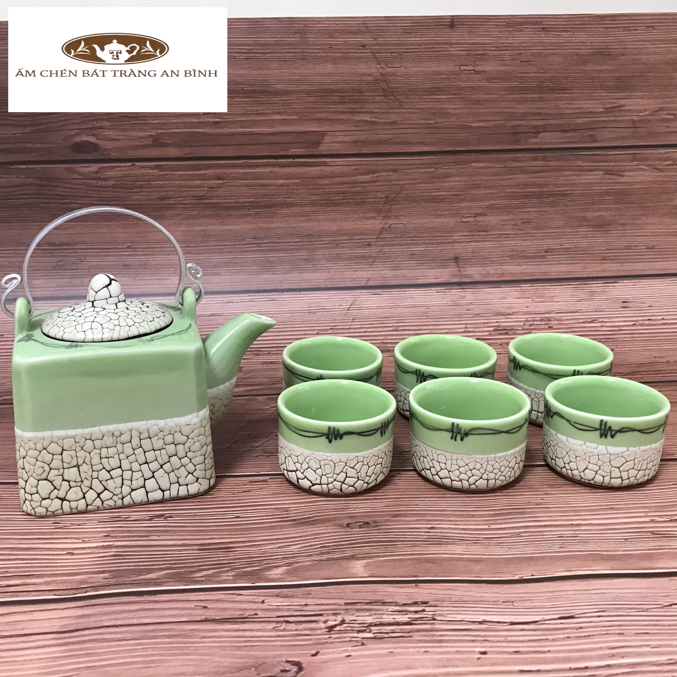 Bộ ấm chén gốm sứ Bát Tràng men Rạn Xanh Vuông